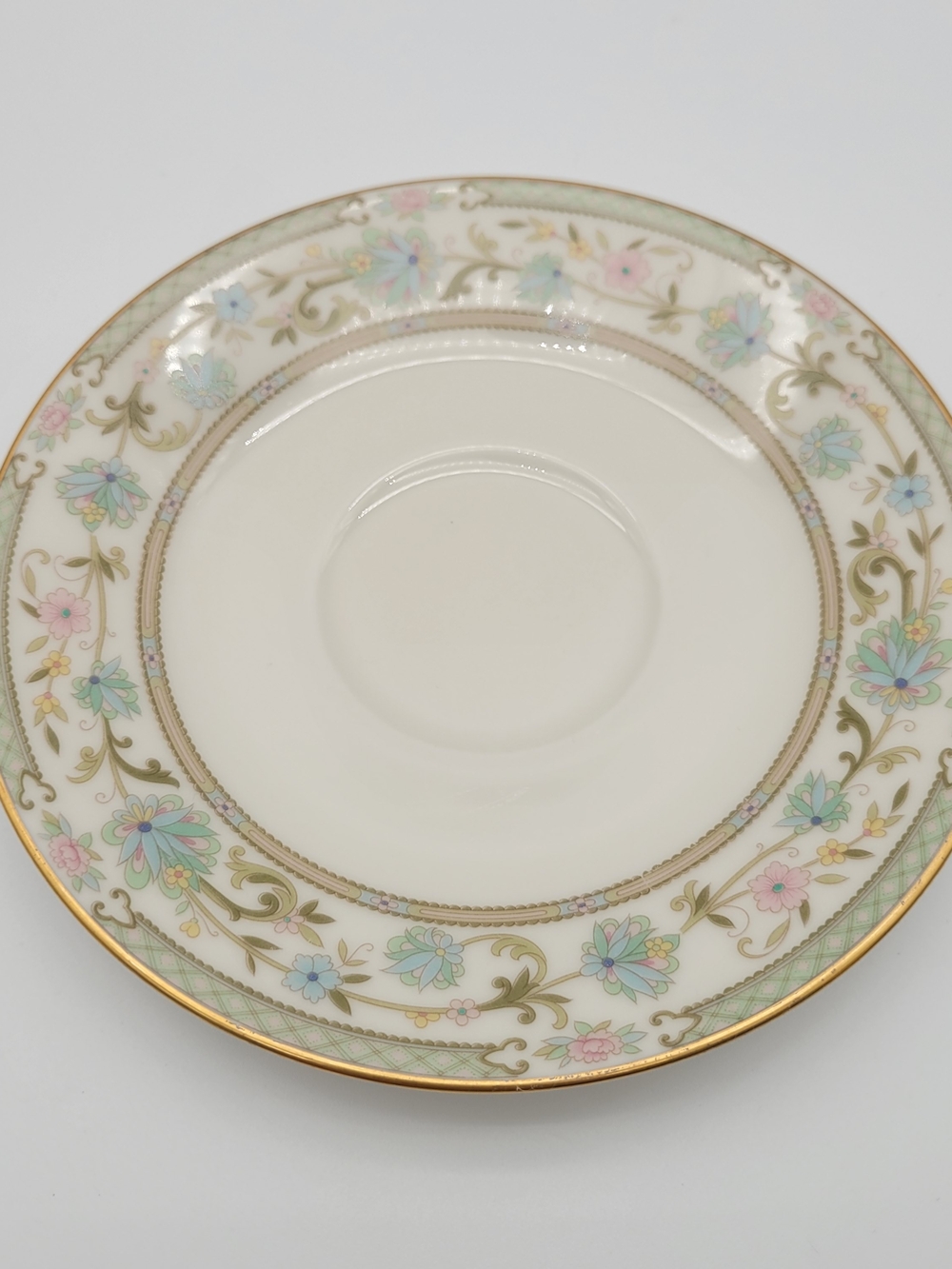 Noritake 7194 Cream Saucer with Pastel Pink Blue Green Floral and Gold Trim